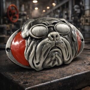 Vintage Bulldog Metal Emblem Badge Silver Tone Red Car Garage Decor
